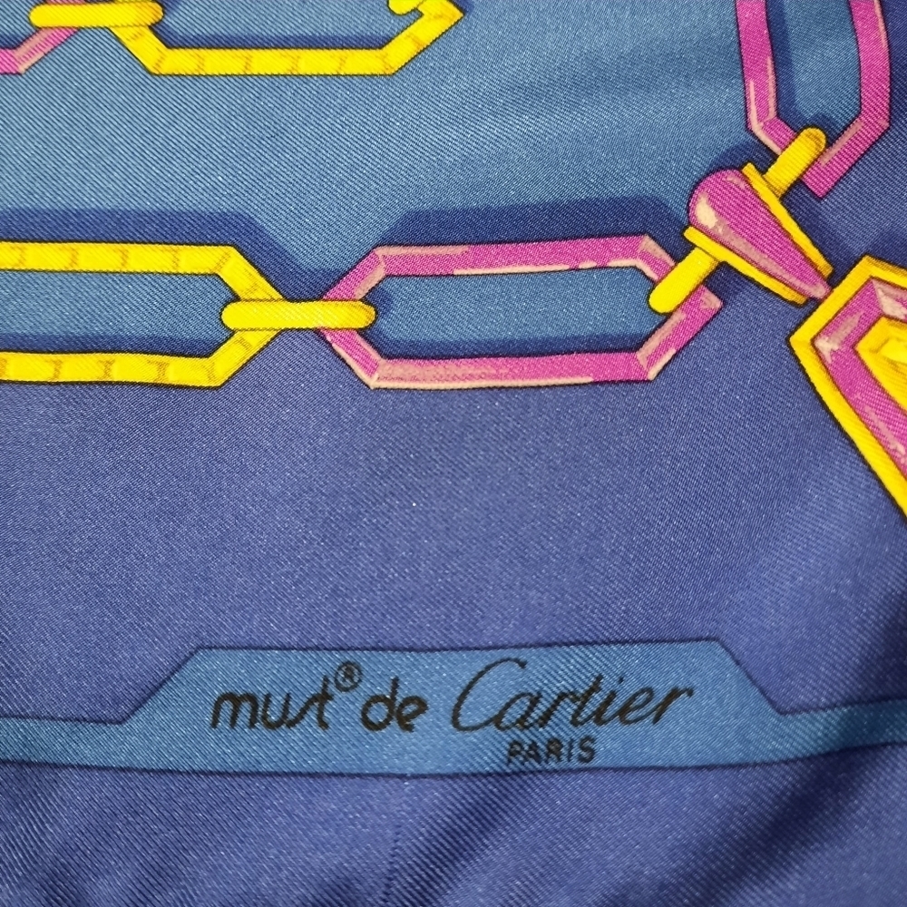 Pristine CARTIER Silk Twill Scarf 90cm Blue Square 35" + Horsebit Scarf Ring - Picture 4 of 13